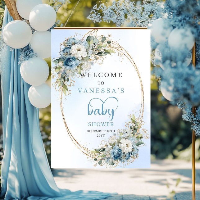 Affiche de Baby Shower Bleu Poussiéreux Eucalyptus (Dusty Blue Baby Shower Poster Eucalyptus Greenery & Gold)