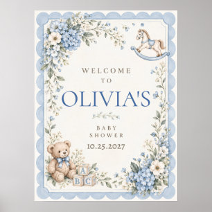 Affiche de Baby Shower Cheval à Bascule Floral Ble