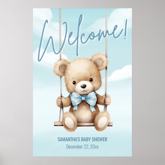 Affiche de Baby Shower Ours en Peluche Bleu (Devant)
