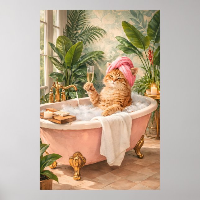 Affiche de bain de chat drôle, Impression de champ (Devant)