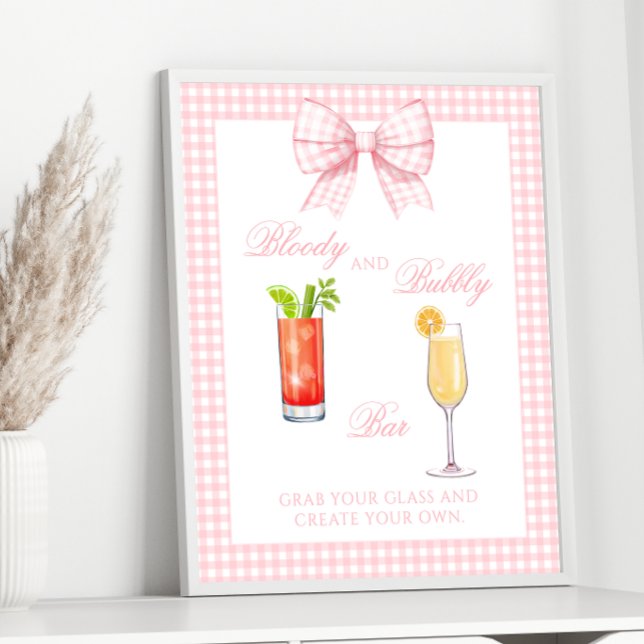 Affiche de bar à cocktails ruban gingham rose (Créateur téléchargé)