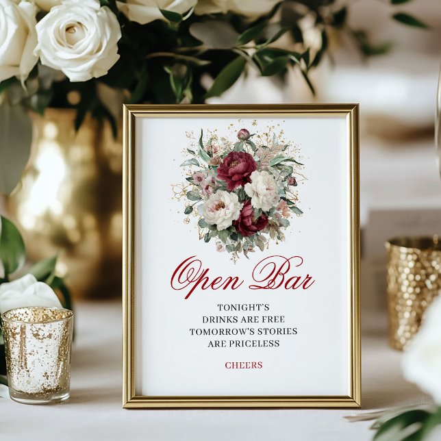 Affiche de bar ouvert Burgundy Blush rustique déco (Rustic Blush Burgundy Open Bar Poster Decor)