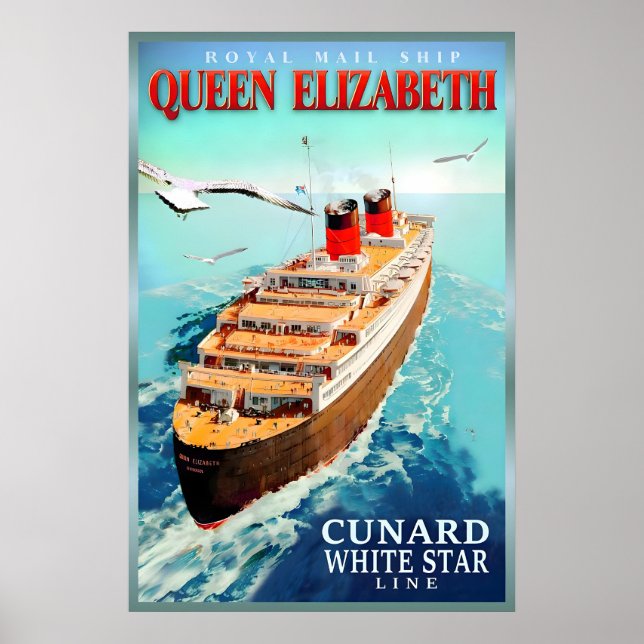Affiche de bateau rétro RMS Queen Elizabeth New Cu (Devant)