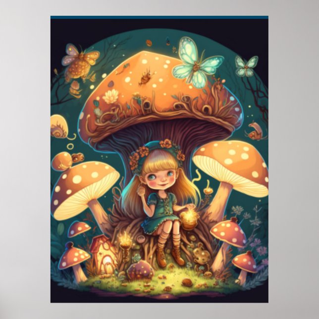Affiche De beaux elfes mignons jouent sous les champignons (Devant)