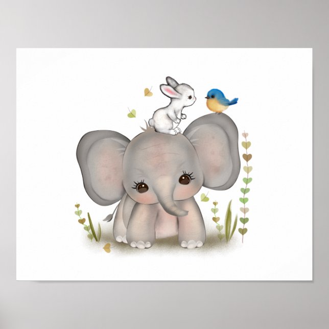 Affiche de bébé éléphant lapin mignon impression (Devant)