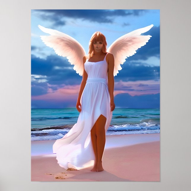 Affiche De belles femmes avec des ailes d'ange sur une pla (Devant)