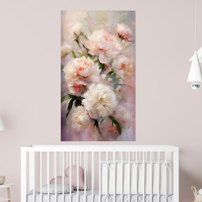 Affiche De belles pivoines blanches et roses sur fond rose (Pépinière 2)