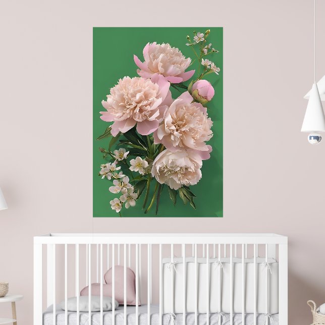 Affiche De belles pivoines blanches et roses sur fond vert (Pépinière 2)