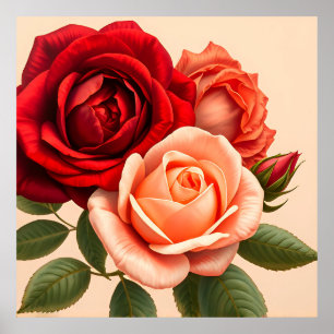 Affiche De belles roses rouges, roses et corail