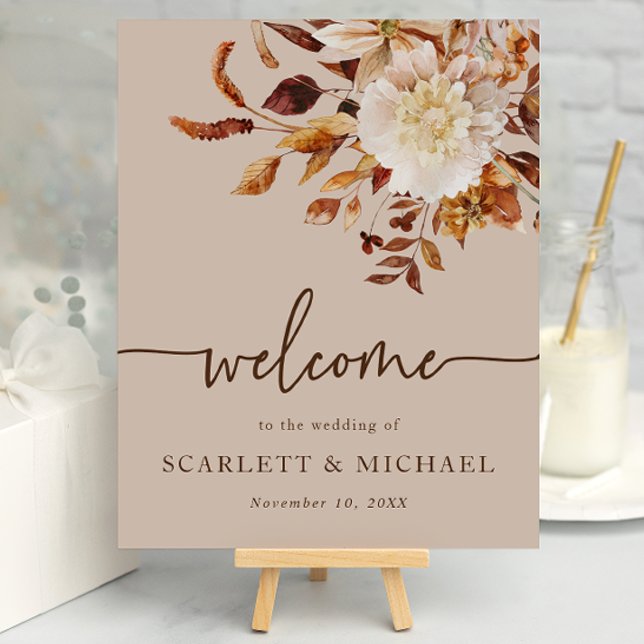 Affiche de bienvenue aux feuilles d'automne couleu (Rustic Taupe Fall Leaves Welcome Sign Poster by Painted Paperie
)