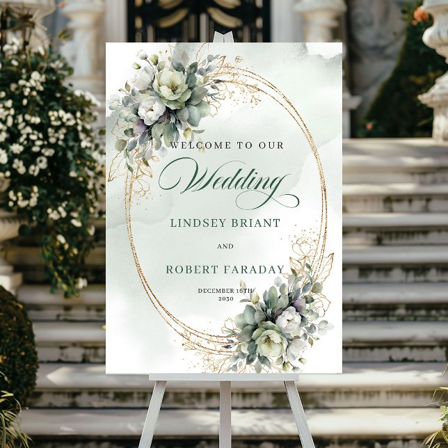 Affiche de bienvenue aux roses blanches botaniques (Modern Botanical White Roses Welcome Poster)
