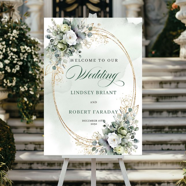 Affiche de bienvenue aux roses blanches rustiques  (Rustic White Roses Greenery Welcome Poster)