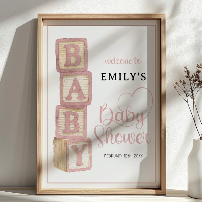 Affiche de bienvenue Baby Blocks Bébé Rose Poussié (Baby Shower Welcome Sign)