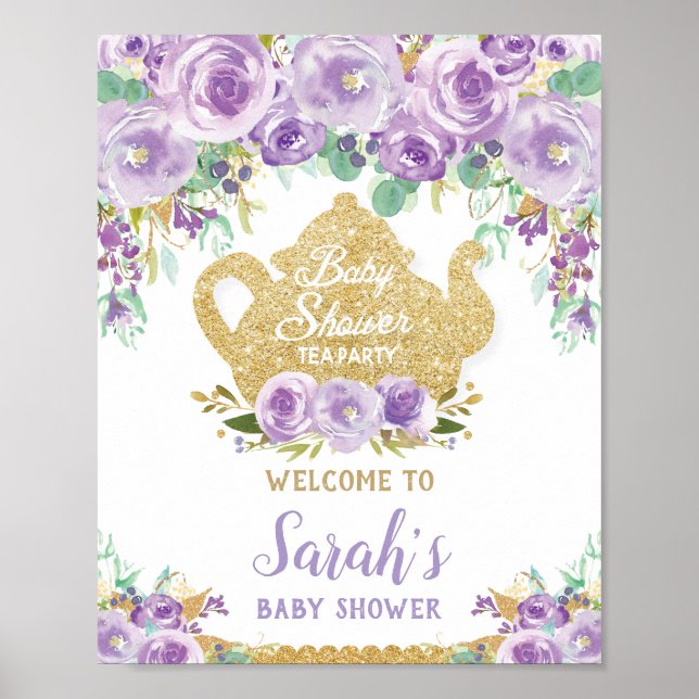 Affiche de bienvenue Baby shower à thé floral viol (Devant)