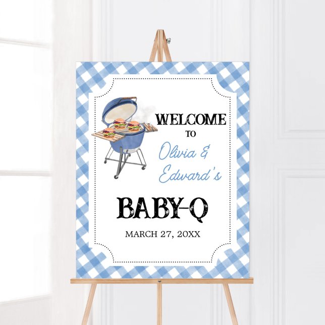 Affiche de bienvenue Baby shower BBQ Burger Bleu (Boy Backyard BBQ Baby Shower Welcome Sign)
