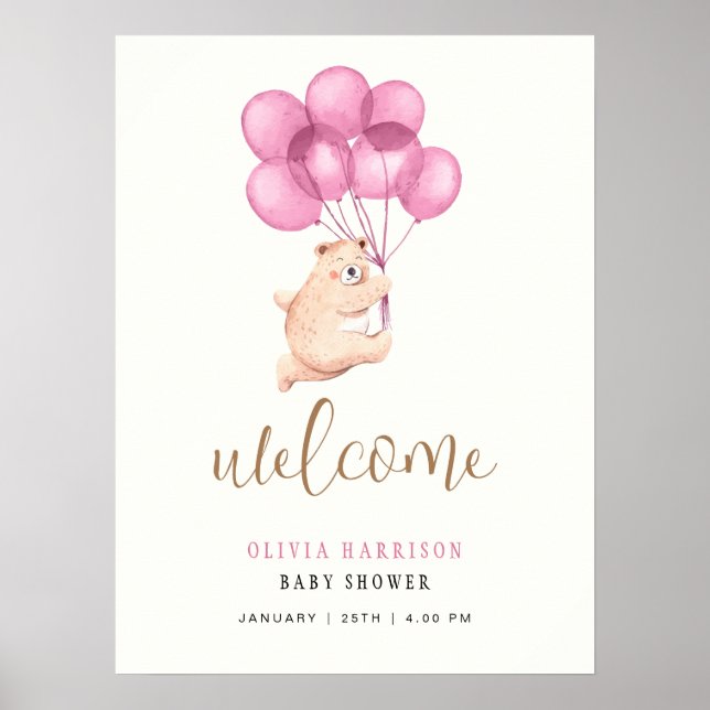 Affiche de bienvenue Baby shower Bear Rose Bear (Devant)