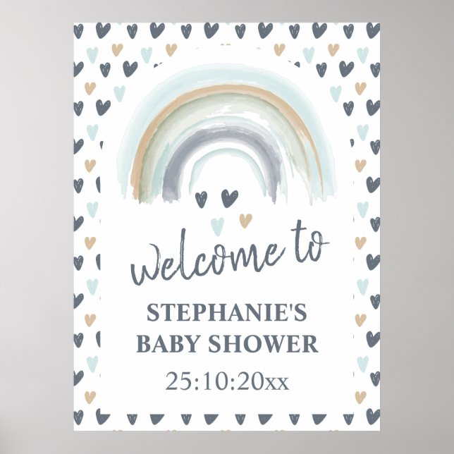 Affiche de bienvenue Baby shower bleu Boho arc-en- (Devant)