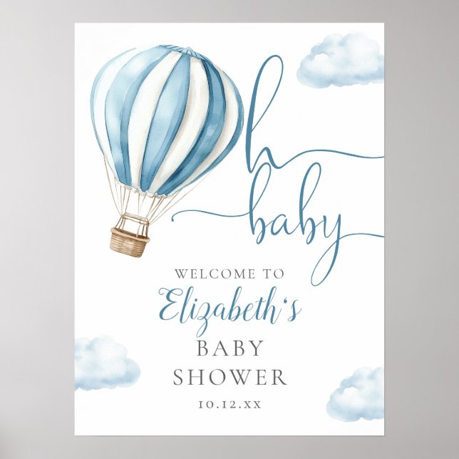 Affiche de bienvenue Baby shower Blue Hot Air Ball (Devant)