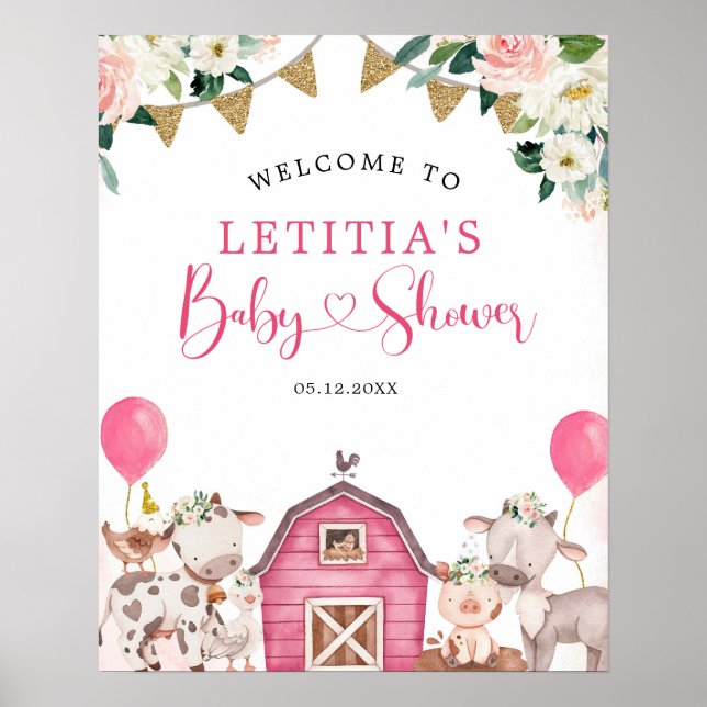 Affiche de bienvenue Baby shower de ferme rose fil (Devant)