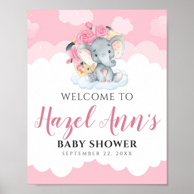 Affiche de bienvenue Baby shower de fille d'élépha (Devant)