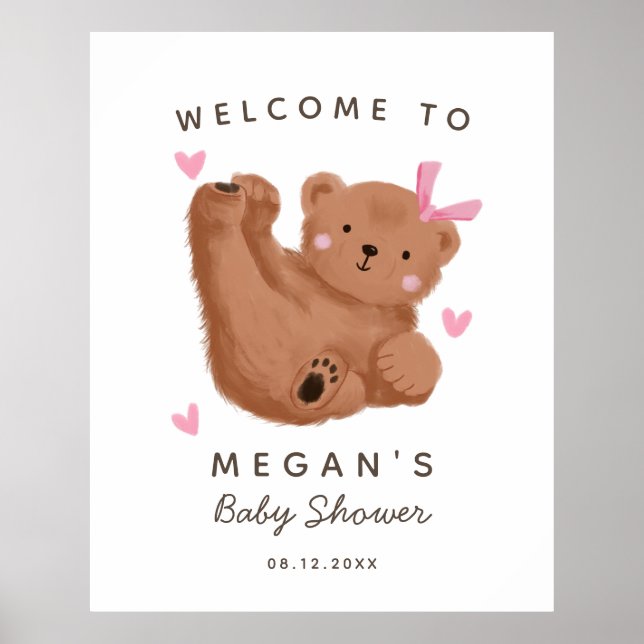Affiche de bienvenue Baby shower de fille d'ours r (Devant)