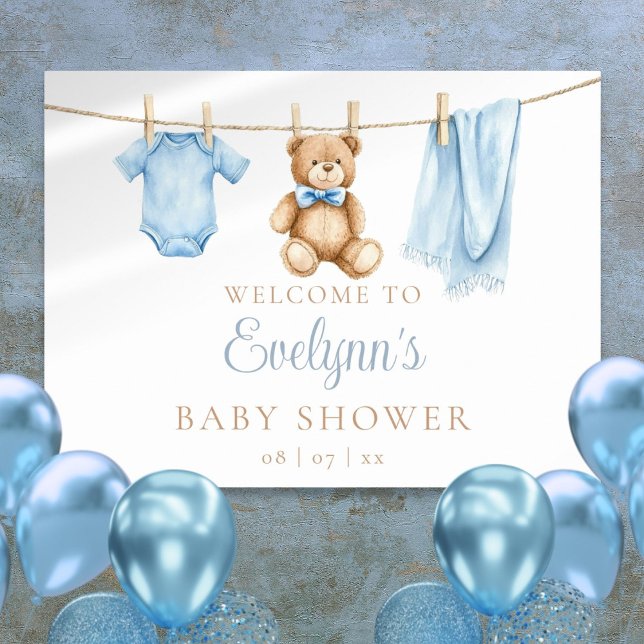 Affiche de bienvenue Baby shower de linge de bébé  (Baby Boy Clothesline Baby Shower Welcome Sign)