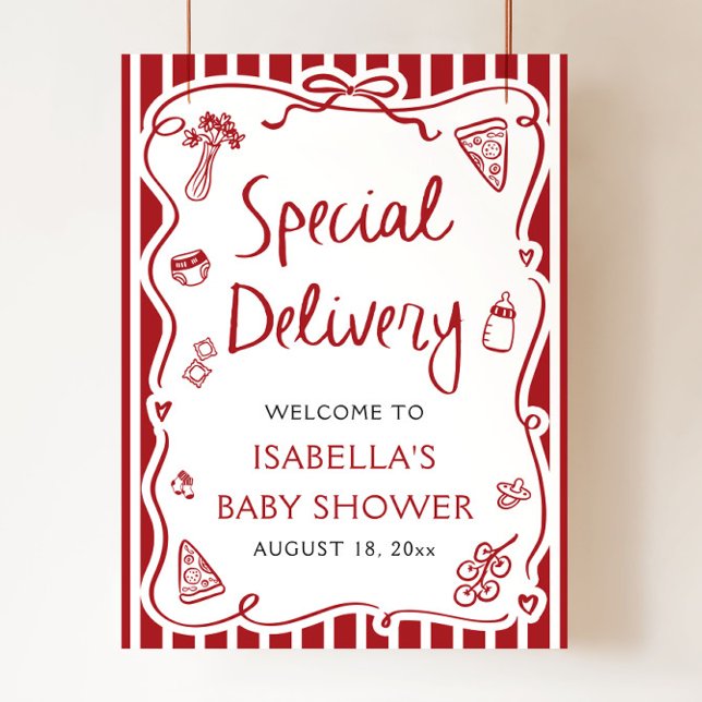 Affiche de bienvenue Baby shower de livraison spéc (Hand Drawn Italian Special Delivery Baby Shower Welcome Sign)
