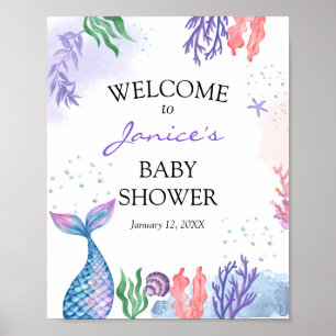 Affiche de bienvenue Baby shower de sirène aquarel