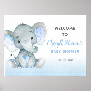 Affiche de bienvenue Baby shower éléphant (bleu)