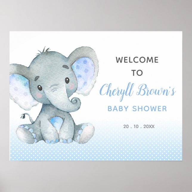 Affiche de bienvenue Baby shower éléphant (bleu) (Devant)