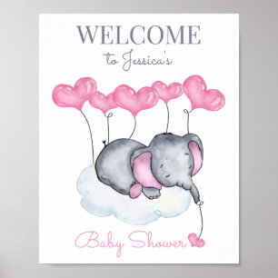 Affiche de bienvenue Baby shower Eléphant fille mi