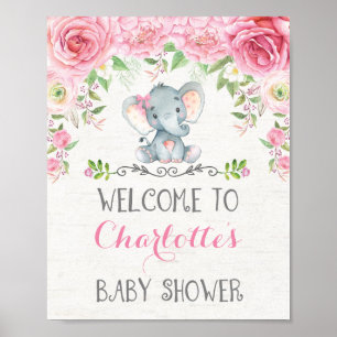 Affiche de bienvenue Baby shower Eléphant Roses Ro