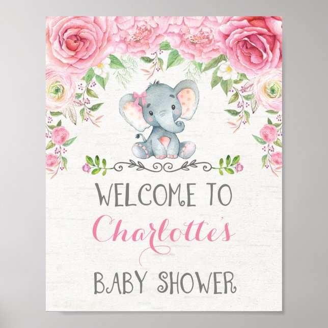 Affiche de bienvenue Baby shower Eléphant Roses Ro (Devant)