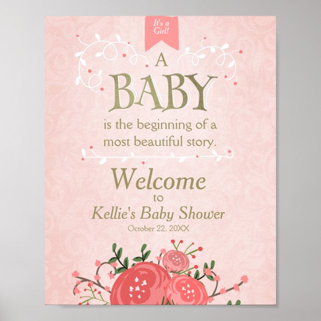 Affiche de bienvenue baby shower fille rose et or  (Devant)
