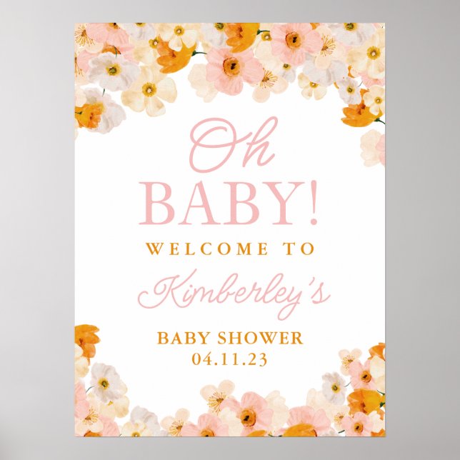 Affiche de bienvenue baby shower floral aquarelle (Devant)