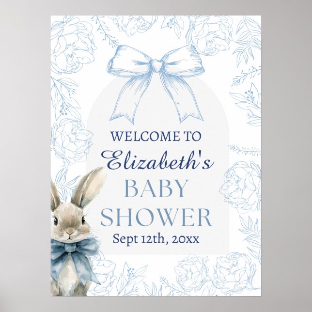 Affiche de bienvenue Baby shower Floral Bunny bleu (Devant)