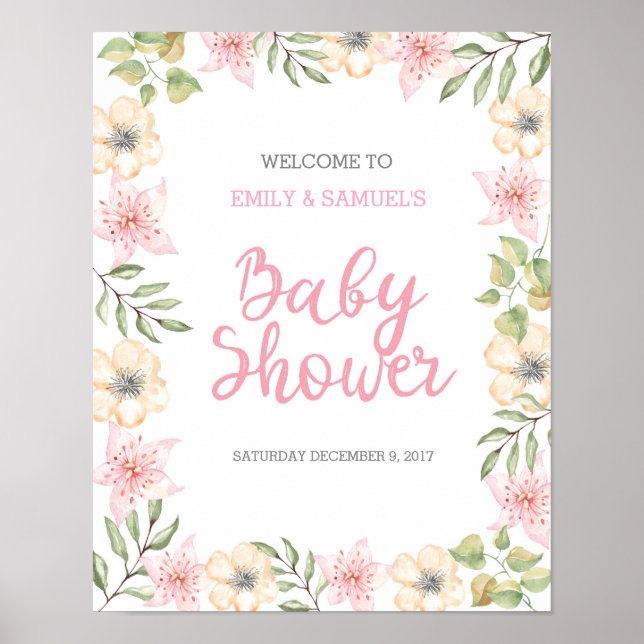Affiche de bienvenue baby shower florale (Devant)