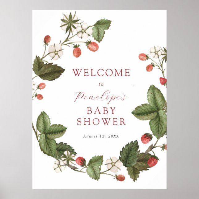 Affiche de bienvenue Baby shower fraise et verte (Devant)