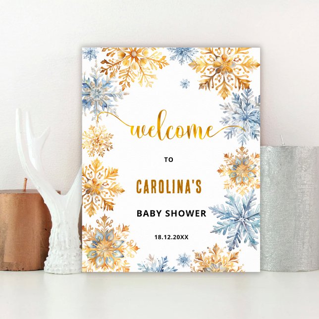 Affiche de bienvenue Baby shower Gold Snowflakes (Créateur téléchargé)