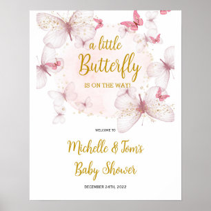 Affiche de bienvenue Baby shower papillon rose