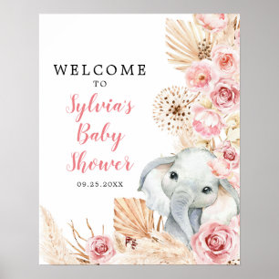 Affiche de bienvenue Baby shower rose Boho Elephan