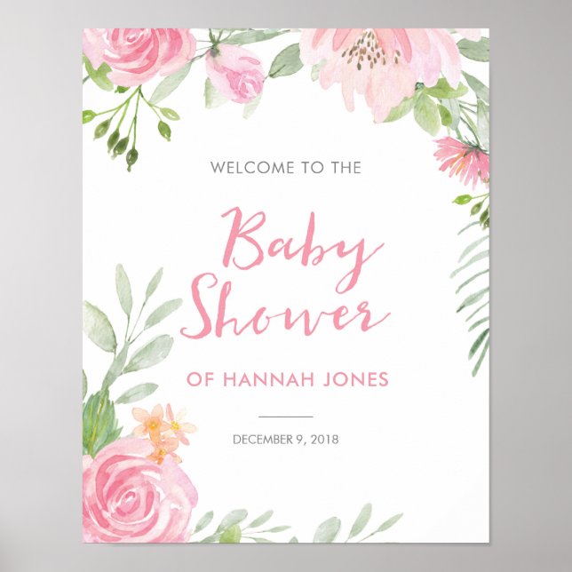 Affiche de bienvenue baby shower rose fleurie (Devant)