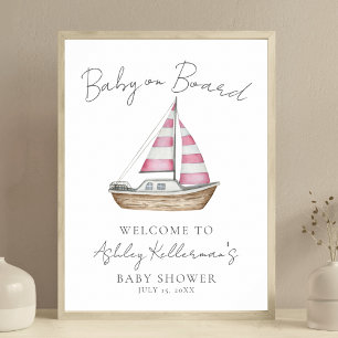 Affiche de bienvenue Baby shower rose marine