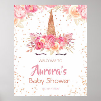 Affiche de bienvenue Baby shower Unicorn rose