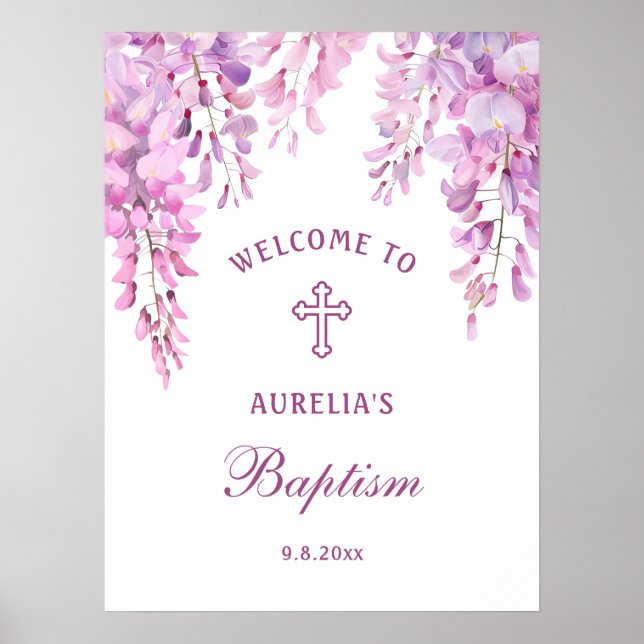 Affiche de bienvenue baptême Wisteria rose (Devant)