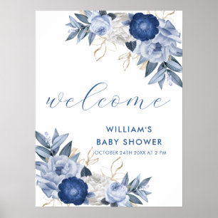 Affiche de bienvenue Bleu Blanc Floral Baby shower