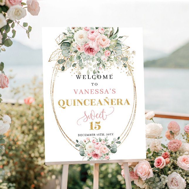 Affiche de bienvenue Boho Blush Roses Verdure 15èm (Boho Blush Roses Greenery 15th Welcome Poster)