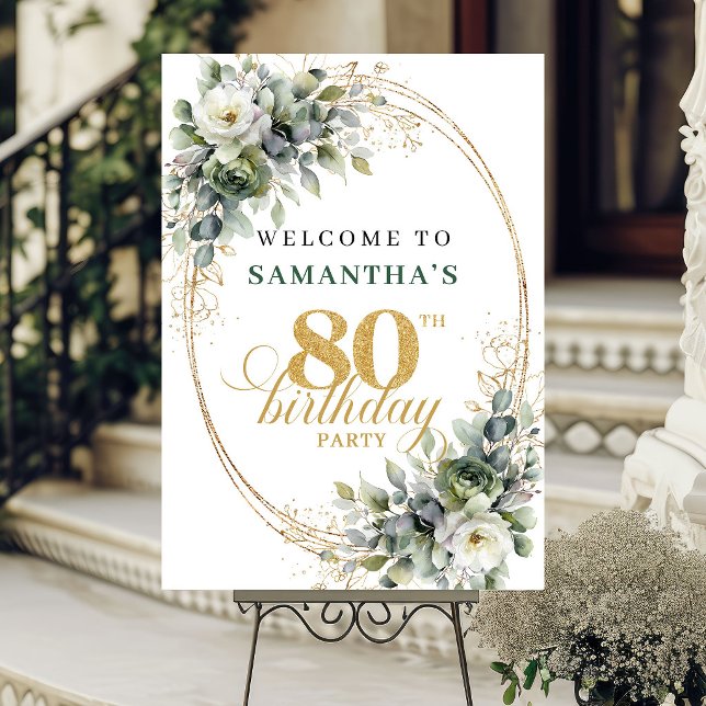 Affiche de bienvenue botanique vert poussiéreux Ru (Rustic 80th Dusty Green Botanical Welcome Poster)