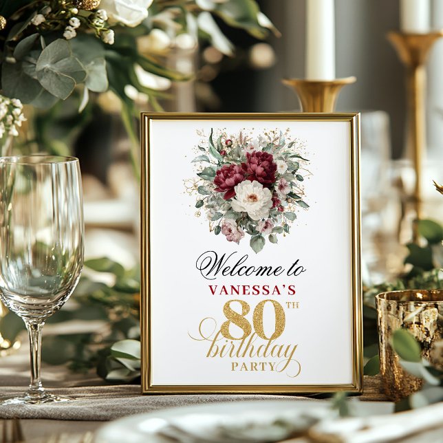 Affiche de bienvenue Burgundy Blush pour 80e anniv (Blush Burgundy Welcome 80th Birthday Poster)
