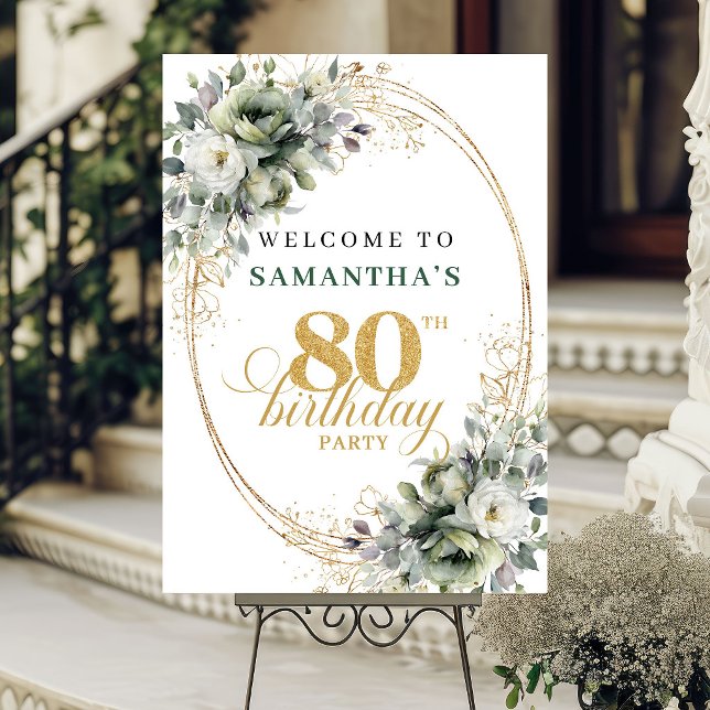Affiche de bienvenue chic 80 ans feuillage d'eucal (Chic 80th Eucalyptus Foliage Welcome Poster)